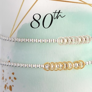 80th Birthday Bracelet: Sterling Silver Beaded Bracelet with Gold Vermeil Rings