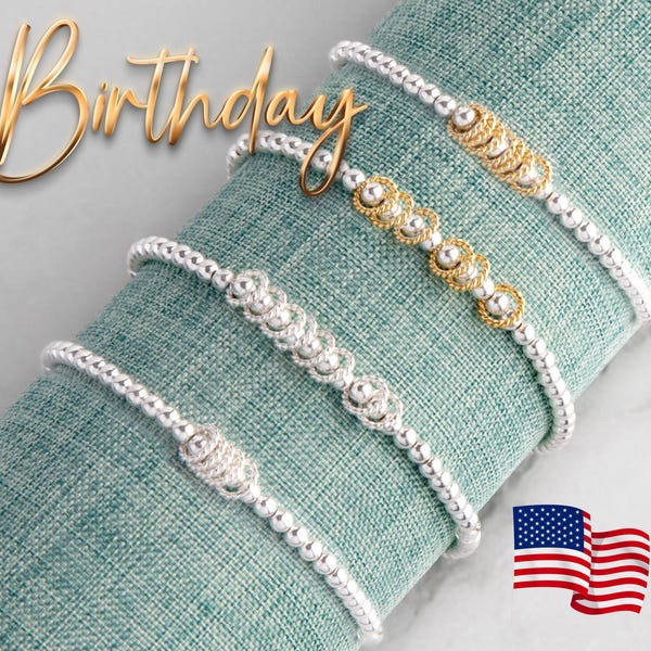 70th Birthday Sterling Silver Stretch Bracelet: Gold Vermeil Rings, Handmade USA