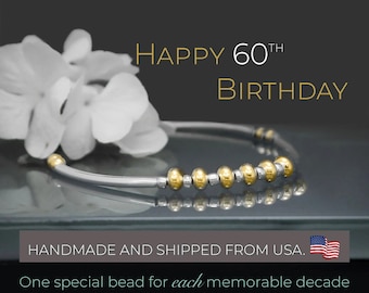 60th Birthday Bracelet, Sterling Silver & Gold Beads, Milestone Gift