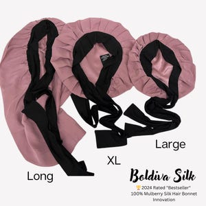 May include: Three pink silk hair bonnets with black ties, labeled "Long", "XL", and "Large". The bonnets are from "Boldiva Silk", a 2024 rated bestseller, made of 100% mulberry silk.