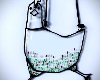 Gebrandschilderd glas kip * Hangraam raamhanger zonnevanger * Glazen kip vogel * Handgemaakt cadeau * Gebrandschilderd decor * Geschilderd glas