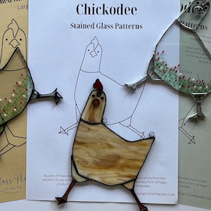 May include: Two stained glass chicken patterns, one with a brown and gold body and the other with a green and white body. The patterns are on a white background with the text "Chickodee Stained Glass Patterns".