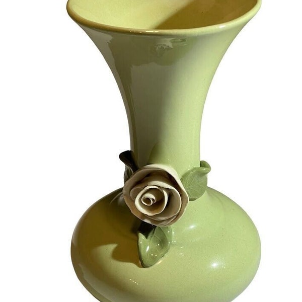 Ceramic Pale Green Spring Bud Vase with Applied 3-D Flower 8" Rose Excellent Con