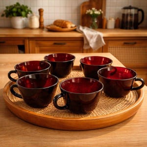 Könnte beinhalten: Ein Set aus sechs dunkelroten Teetassen aus Glas mit schwarzen Griffen und silbernen Rändern, angeordnet auf einem runden Holztablett mit gewebter Oberfläche. Die Tassen sind leer und stehen auf einem Holztisch.