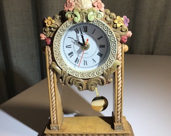 Vintage Floral Ceramic Brown Desk Pendulum Clock. Quartz. Works. 9.5 Tall