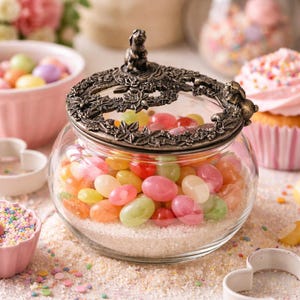 May include: A clear glass jar filled with colorful jelly beans, resting on a bed of sugar. The jar has a decorative metal lid with floral and bunny details. Other treats, like cupcakes and candies, are in the background.