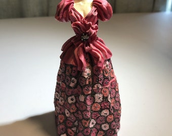 Ceramic Lidded Trinket Stash Box Beautiful Floral Gown 5 Tall Red Pink