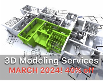May include: A 3D model of a building interior with green and white walls. The model is on top of a blueprint. The text "3D Modeling Services MARCH 2024! 40% off" is at the bottom of the image.