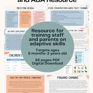 Puede incluir: Una infografía colorida con el título "Intervención temprana y recurso ABA" y el subtítulo "Recurso para la formación del personal y los padres sobre habilidades adaptativas". La infografía incluye información sobre los hitos para niños de 9 a 12 meses, de 12 a 18 meses y de 18 a 14 meses. También incluye información sobre el entrenamiento para ir al baño, las recomendaciones de sueño para los niños y el encadenamiento hacia adelante. La infografía está diseñada para ayudar a los padres y profesionales a comprender y apoyar a los niños con retrasos en el desarrollo.