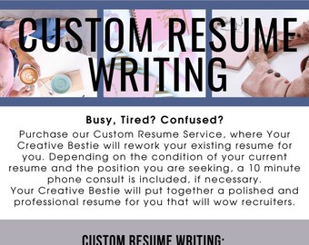 May include: An advertisement for custom resume writing services. The image features the text "CUSTOM RESUME WRITING" in large, bold letters. The ad includes the company logo, a description of the service, and a call to action.