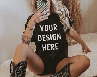 Black Gildan 5000 Shirt Mock Up, Coastal Cowgirl Mockups, Cowgirl Boots, Bestseller Mock Up, Graphic Tee Mockup, Western Aesthetic Mockup