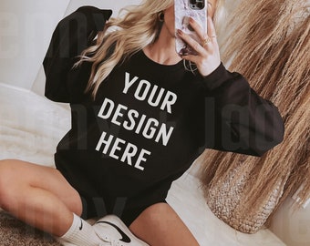 Black Gildan 18000 Crewneck Mock up, Trendy Preppy Mocks Aesthetic Sweatshirt Mockup Dark Boho Mockup Oversized Sweatshirt Sport Mock Up