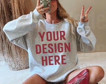 Ash Grey Gildan 18000 Sweatshirt Mockup Western Mock Up Ash Gray Sweater Trendy Oversized Crewneck Real Model Boho Aesthetic Coastal Cowgirl