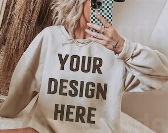 Sand Gildan 18000 Sweatshirt Mock Up, Sporty Crewneck Coastal Cowgirl Mockups Trendy Mocks Boho Aesthetic Styled Mockup Preppy Oversized
