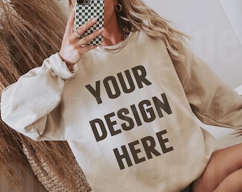 Sand Gildan 18000 Sweatshirt Mock Up, Sporty Crewneck Coastal Cowgirl Mockups Trendy Mocks Boho Aesthetic Styled Mockup Preppy Oversized