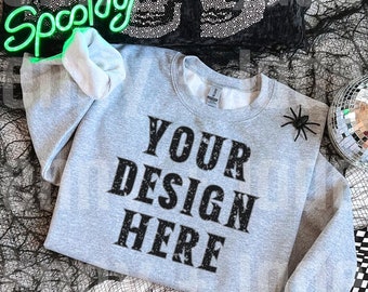 Sport Grey Gildan 18000 Halloween Sweatshirt Mockup Spooky Crewneck Mock Up Witchy Spiders and Skulls Theme Trendy Checkered Sweater Flatlay