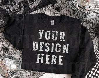 Gildan 18000 Crewneck Halloween Mockup Black Sweatshirt Spooky Mock Up Trendy Disco Ball PNG Skull Graphic Tshirt Fall Clothing Flat Lay