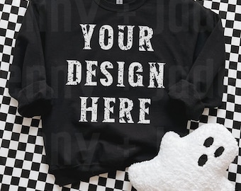 Gildan 18000 Crewneck Sweatshirt Mockup Halloween Black Sweater Neutral Boho Shirt Edgy Preppy Aesthetic Trendy Ghost for Spooky Szn Flatlay