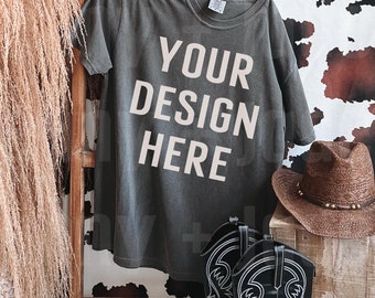 Comfort Colors 1717 Shirt Mockup Hanging CC1717 Pepper Mock Up Oversized Graphic Tshirt Western Coastal Cowgirl Hat Southern Country Mocks