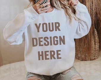 White Gildan 18000 Crewneck Mock up Trendy Preppy Mocks Aesthetic Sweatshirt Mockup Boho Mockup Trending Oversized Sweatshirt Sporty Mock Up