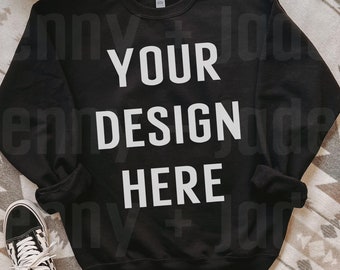 Black Gildan 18000 Crewneck Flat Lay Mock up, Dark Boho Mockup Minimalist Aesthetic Sweatshirt Mockup Checkered Gildan 1800 Mockup Flat Lay