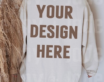 Gildan 18000 Sweatshirt Back Mockup Sand G180 Crewneck Back Mock Real Model Simple Neutral Back View Mockups Boho Aesthetic Preppy Oversized
