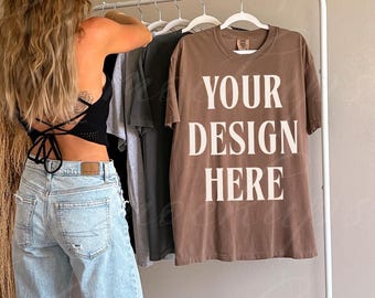 Espresso Comfort Colors 1717 Mockup, C1717 Mockups, Braunes Übergroßes T-shirt, Pinterest Aesthetic Lifestyle Model Mock, Trendy Boho Mock ups