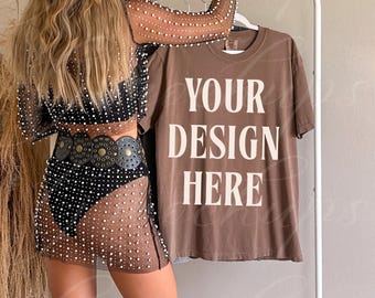 Espresso Comfort Colors 1717 Mockup, übergroßes C1717 T-Shirt Mockup, trendige westliche Ästhetik MockUps, Boho Mockups, braunes CC1717 Shirt