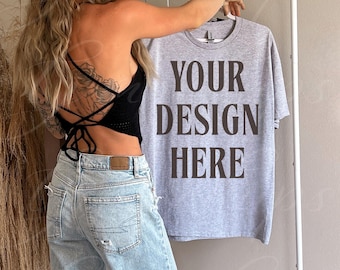 Sport Grey Gildan 5000 T-Shirt Mockup, Grey Gildan Tshirt Mock Up Lifestyle Mock Streetwear Mock, Pinterest Aesthetic Influencer, Trendy Y2k