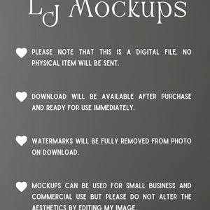 May include: Text on a gray background with a white heart and the text "LJ Mockups". The text below the heart reads "PLEASE NOTE THAT THIS IS A DIGITAL FILE. NO PHYSICAL ITEM WILL BE SENT."