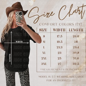 Comfort Colors 1717 Sizing Chart Mockup C1717 Size Chart Mock Up Men and Women Unisex Tshirt Size Guide Oversized Graphic Tee Western Theme