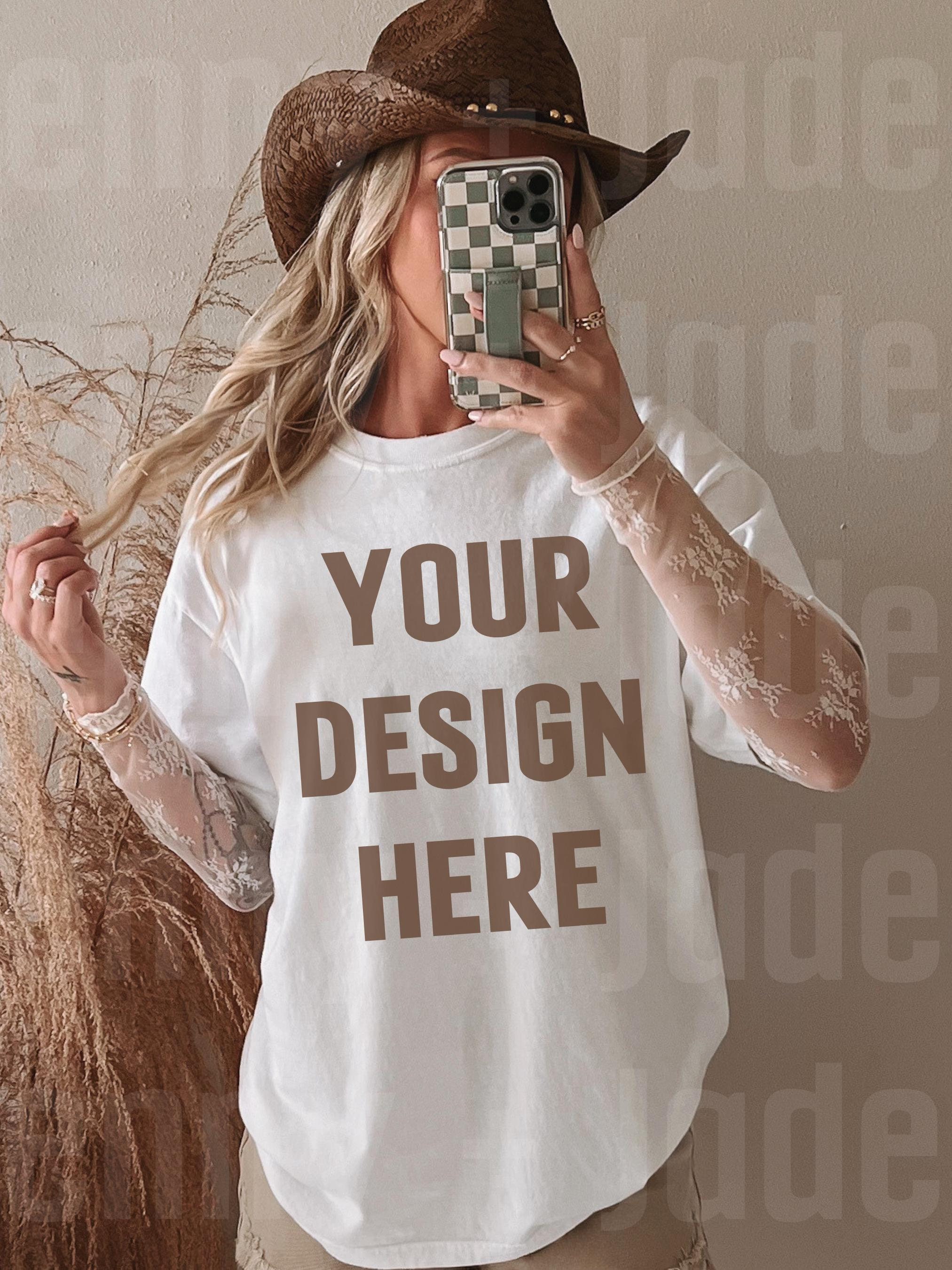 Comfort Colors 1717 Tshirt Mockup Trendy Boho Aesthetic Shirt Coastal Cowgirl Hat Western Styled Mockups Oversized Graphic Tee Mock Up Model