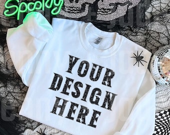 White Gildan 18000 Halloween Sweatshirt Mockup Spooky Crewneck Mock Up Witchy Theme Spiders and Skulls Trendy Checkered Sweater Flat Lay
