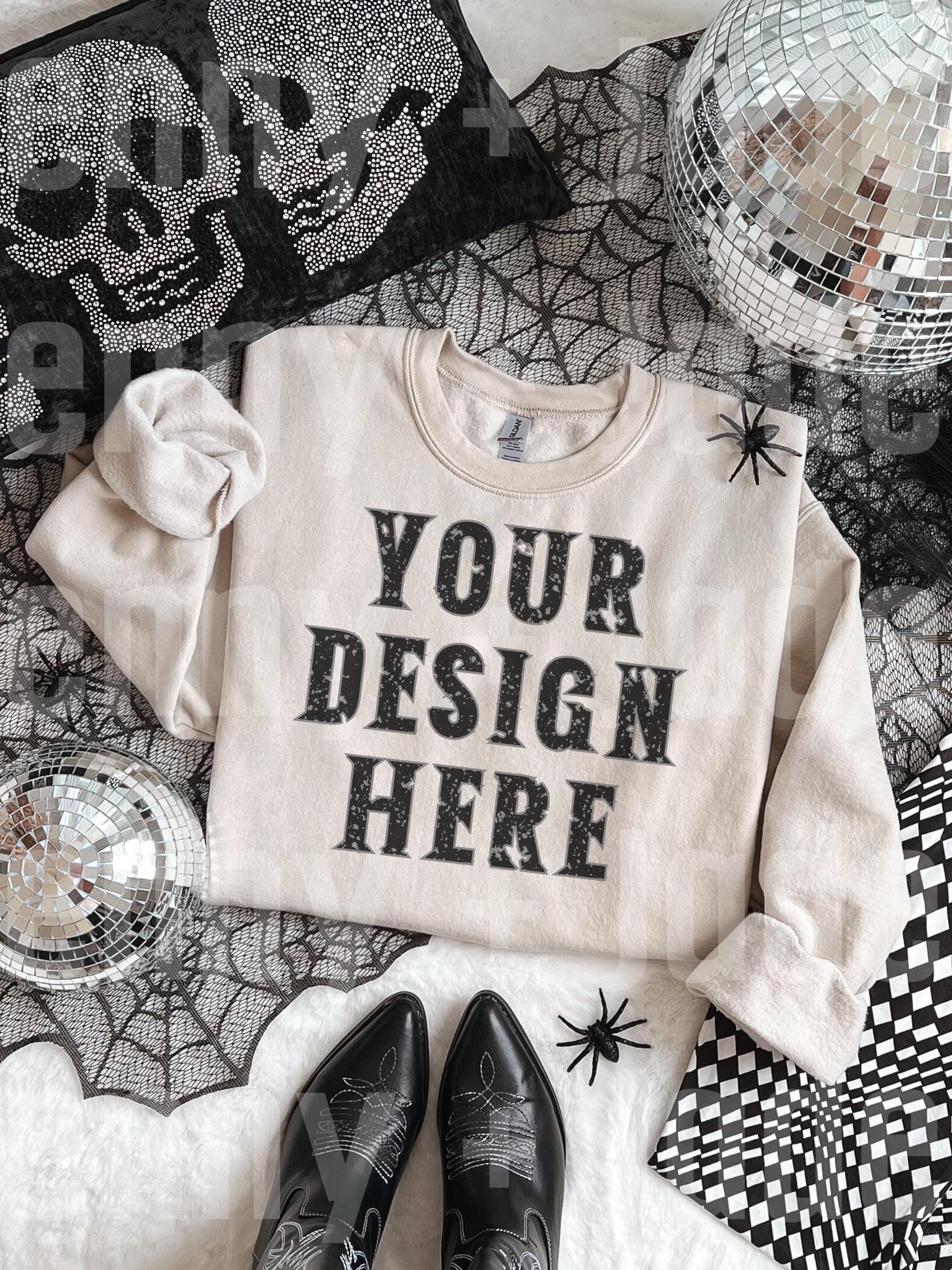 Halloween Gildan 18000 Sweatshirt Mock Up Sand Crewneck Disco Cowgirl TShirt Trendy Western Boho Aesthetic Spooky Styled Flat Lay Mockup