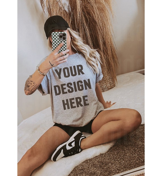 Sport Grey Gildan 5000 Mock Up, Sporty Shirt Mockup, Trendy Boho Aesthetic, Lifestyle Mockup, Oversized Tshirt Mock, Athletic Mockups, G500