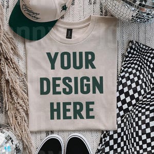 Gildan 5000 Sand Shirt Mockup Flatlay Oversized Graphic Tee Mock Up Tshirt Lifestyle Trendy Boho Aesthetic Edgy Neutral Folded Flat Lay G500