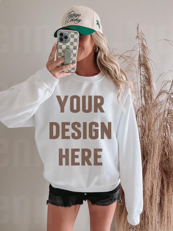 Gildan 18000 Crewneck Sweatshirt Mockup Trendy Western Coastal Cowgirl White Styled Sweater Real Model Mock Up Boho Aesthetic G180 Mocks