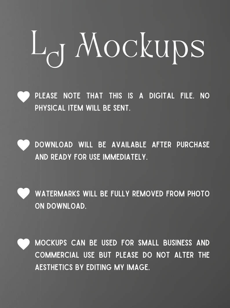 May include: Text overlay on a gray background with a white heart icon and the text "LJ Mockups". The text below the logo reads "PLEASE NOTE THAT THIS IS A DIGITAL FILE. NO PHYSICAL ITEM WILL BE SENT."