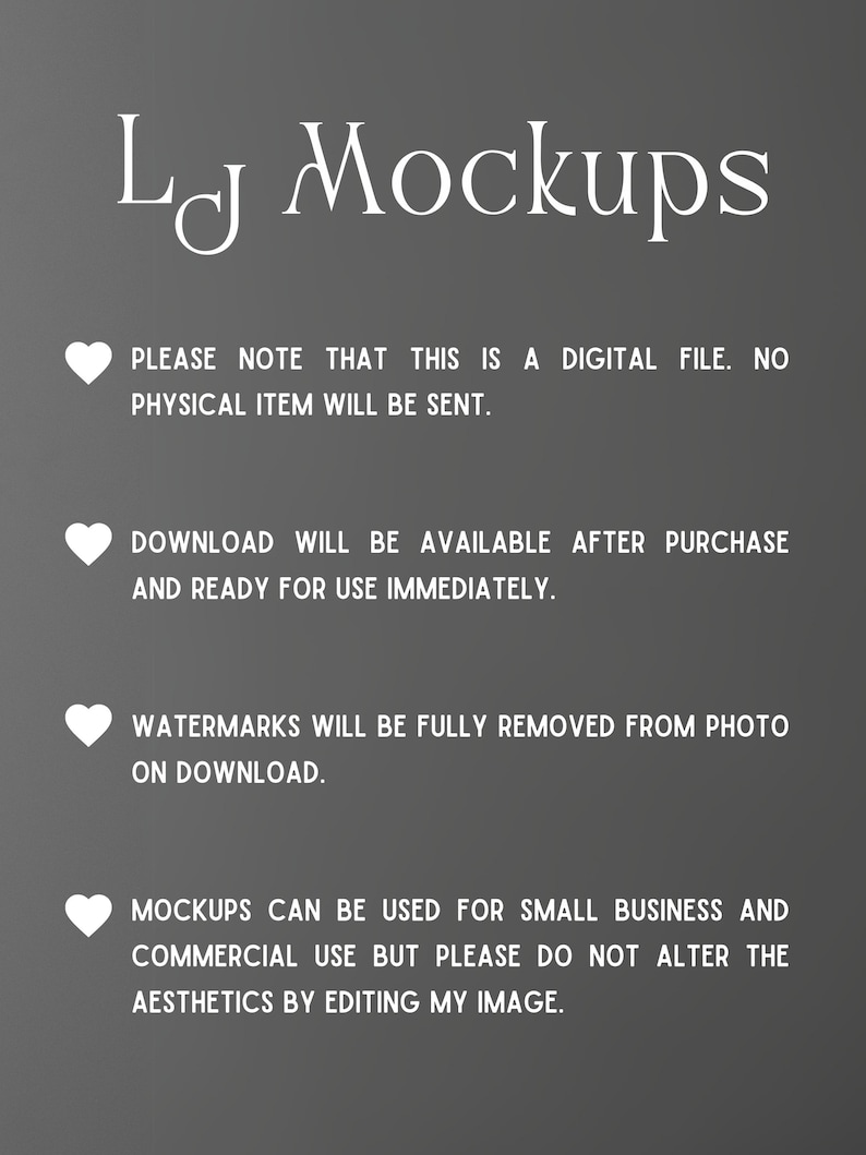 May include: Text overlay on a gray background with a white heart icon and the text "LJ Mockups". The text below the logo reads "PLEASE NOTE THAT THIS IS A DIGITAL FILE. NO PHYSICAL ITEM WILL BE SENT."