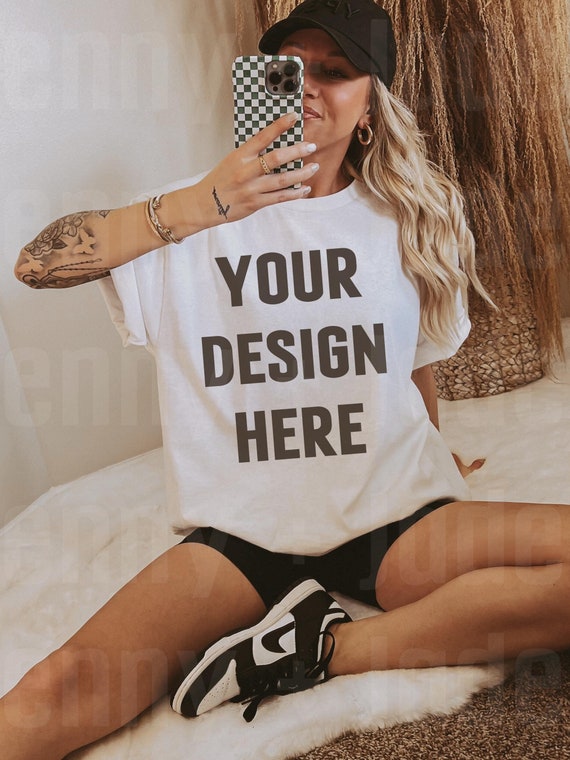 White Gildan 5000 Mockup, Sporty Women Mock up Gameday Mock Preppy Sports Team Mockup Trendy Oversized Boho Aesthetic Model Mock G500 Shirt
