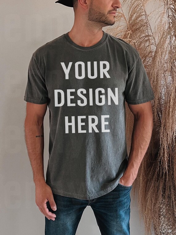 Male Comfort Colors 1717 Pepper T-Shirt Mockup Sporty Man Model with Tattoos Back Mock up Boho Aesthetic Mens Shirt Mockups C1717 Men Mockup