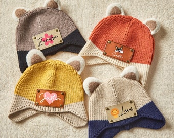 Gorro de bebé personalizado, gorro de recién nacido con nombre, gorros de parche de cuero para sombrero de bebé, gorro de punto de bebé, regalo de baby shower, regalo de cumpleaños de bebé