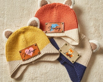 Gorro de bebé personalizado, gorro de recién nacido con nombre, gorros de parche de cuero para sombrero de bebé, gorro de punto de bebé, regalo de baby shower, regalo de cumpleaños de bebé