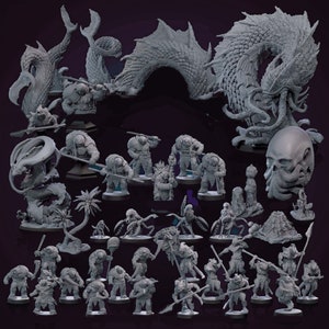 May include: A set of 30 grey painted miniature figurines, including a large sea serpent, a skull, and various humanoid figures. The figures are posed in a variety of dynamic positions, suggesting a scene of battle or adventure.