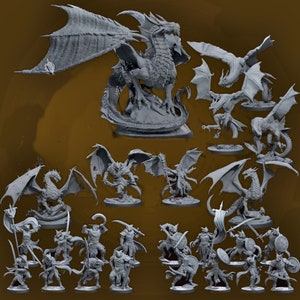 May include: A collection of grey miniature fantasy figures, including dragons and warriors. The dragons have detailed wings and scales, while the warriors are depicted in various action poses with swords and shields. The figures are arranged on a brown background.