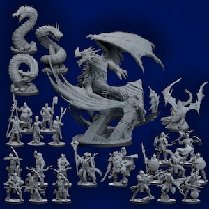 May include: A set of 18 grey painted miniature figurines, including a dragon, a wyvern, and various human and animal characters. The miniatures are posed in a variety of dynamic stances and are ready for tabletop gaming.