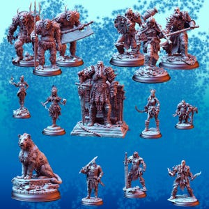 May include: A collection of 12 miniature figurines, painted in a light gray color, depicting various characters and creatures. The figurines are displayed on circular bases and include a lion, a warrior with a sword, a warrior with an axe, a warrior with a shield, a warrior with a bow and arrow, a warrior with a staff, a warrior with a crown, a warrior with a beard, a warrior with a helmet, a warrior with a cape, a warrior with a sword, and a warrior with a shield.