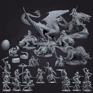 May include: A set of 3D printed miniature figures, including dragons, riders, and other creatures. The figures are painted in a gray color and are ready to be used in tabletop games or as display pieces.