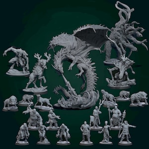 Può includere: Una collezione di 17 miniature dipinte di grigio, tra cui un drago, una creatura con più braccia, un cervo e varie figure umane. Le miniature sono posizionate su basi circolari.