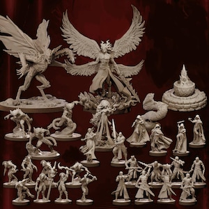 Puede incluir: Un conjunto de 20 figuras en miniatura sin pintar, que incluye un ángel alado, una criatura demoníaca y varias figuras humanas. Las miniaturas están hechas de un material plástico gris y están listas para ser pintadas.